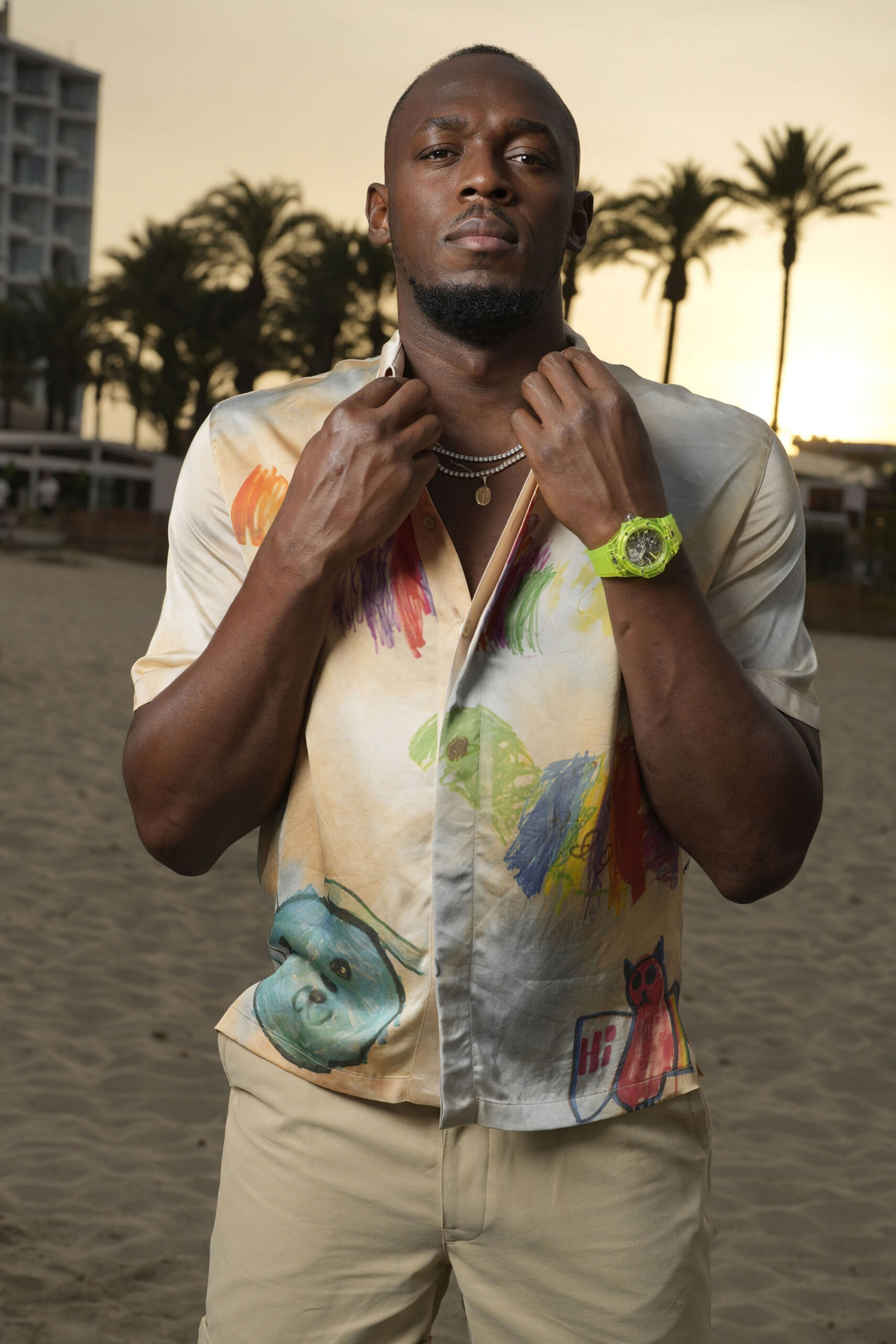 Usain Bolt -wearing-the-Hublot-Big-Bang-Tourbillon-Automatic-Yellow-Neon-Saxem-