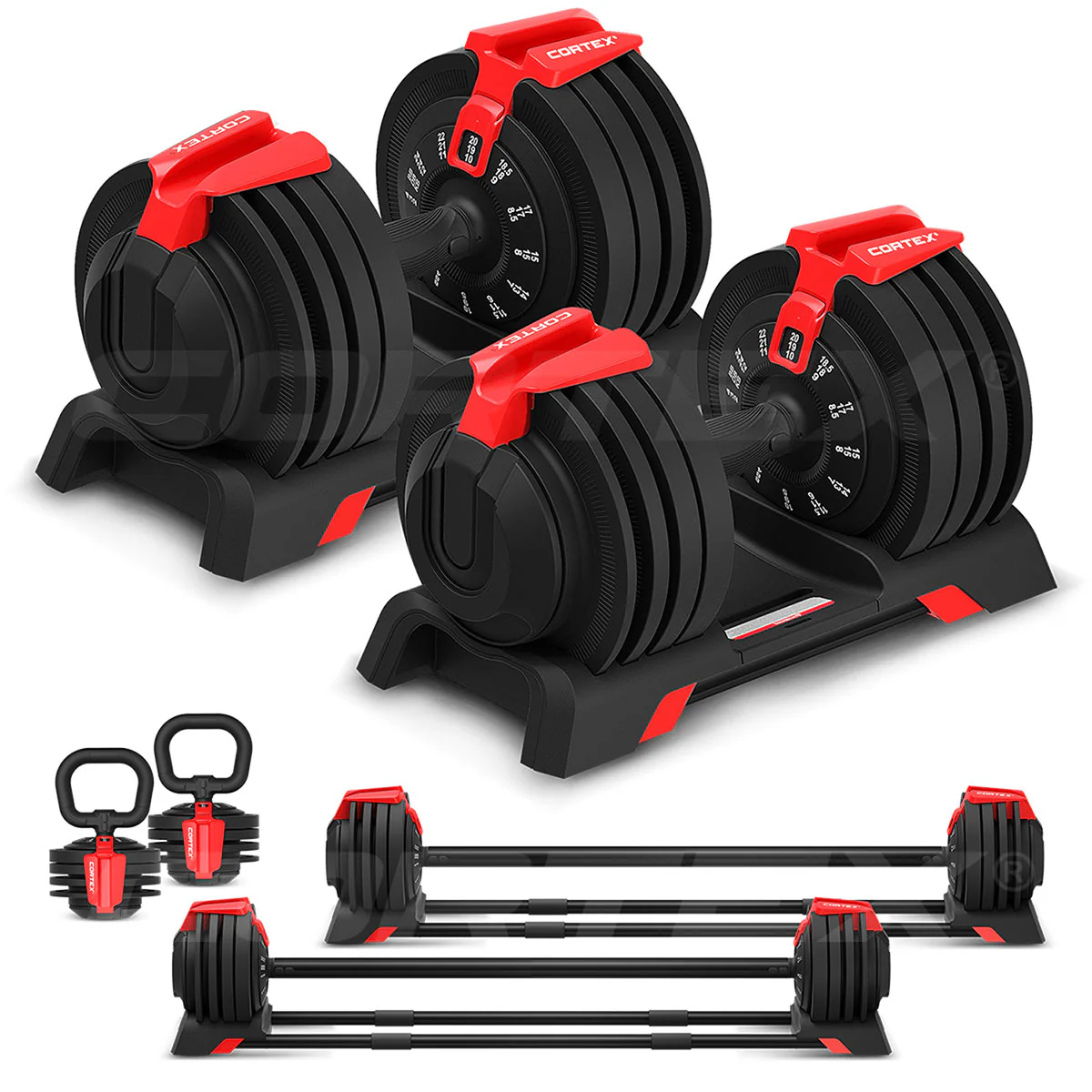 Cortex Revolock V2 48kg Adjustable Dumbbell + Barbell + Kettlebell All-in-One Set